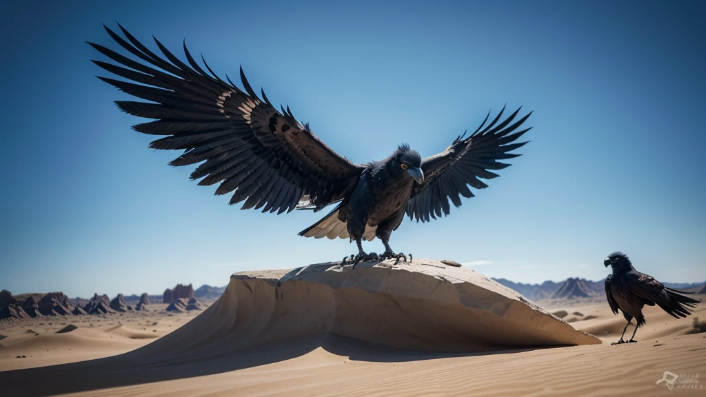 "High-quality AI image creation: a giant raven and a hawk in an epic confrontation in the desert. The raven, with shiny black feathers and piercing eyes, is positioned on a rocky cliff, while the hawk, with brown feathers and open wings, is about to attack from above. The desert scene is vast and arid, with sand dunes, cacti, and a clear blue sky. The setting sun creates dramatic shadows and enhances the details of the birds and the terrain. The image should capture the tension and majesty of this impending battle moment."
