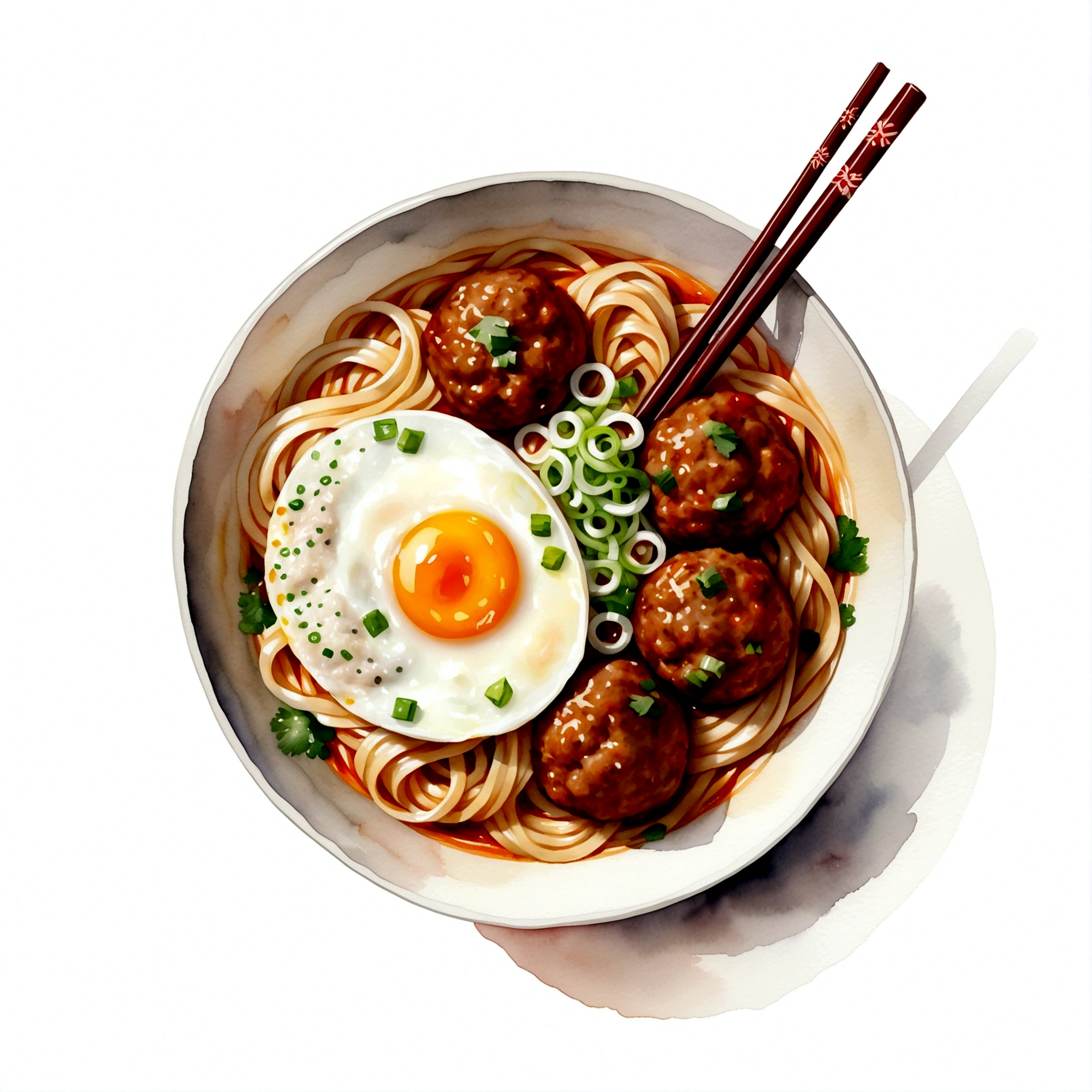 there is a huge extremely delicious bowl of noodle with meatballs and egg, chopstick, illustration, isolated with solid white background, surrounded with negative space, centered compositon, 8k, highly detailed painting, very precise painting, Isolated, clear brilliant white background, perspective angle of view, realistic, watercolor