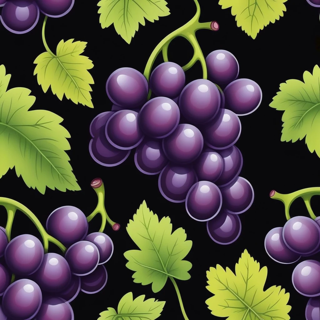 realistic grapes, Black background, cartoon style