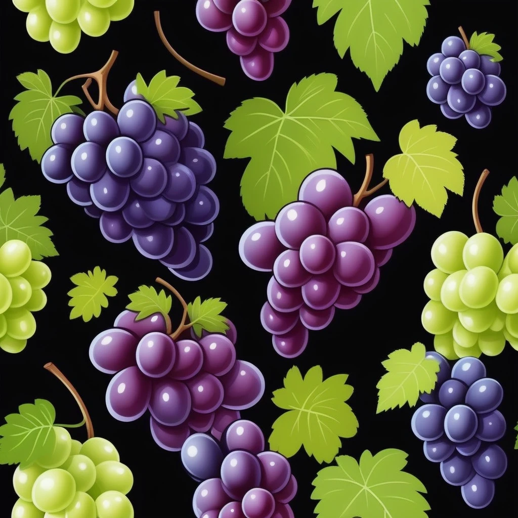 realistic grapes, Black background, cartoon style
