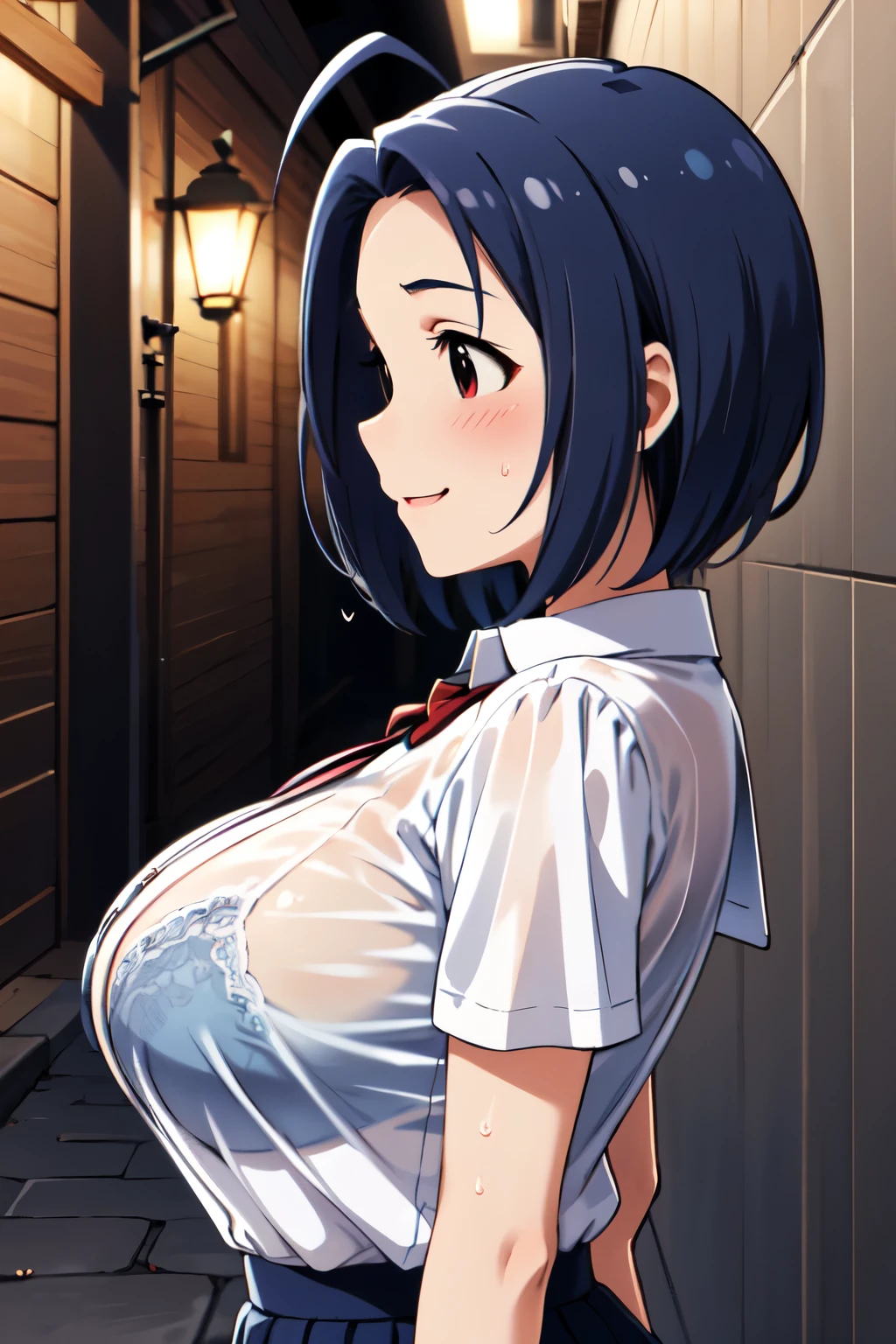 masterpiece, best quality, highres, aaazusa, short hair, ahoge, parted bangs, ,school uniforms, outdoors, Alley,Shade,Dimly lit place,A kind smile,Shyness,sweat,breath,blush,(large breast:1.2),huge breast,big tits,busty,Curvaceous,Hourglass Shape,A well-defined figure,slender,Big chest and small waist,((breast focus)),hands on breasts,Upper Body,Landscape,from side,Long breasts in front,See-through bra,clothed bra