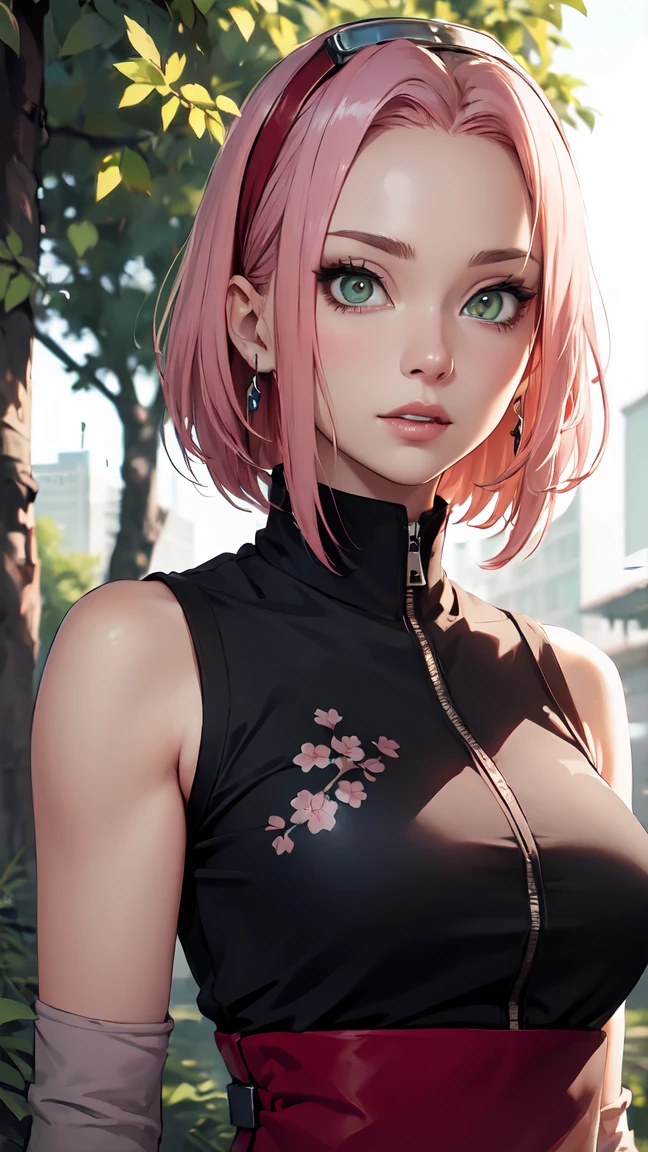 young woman, short shoulder-length pink hair, wide forehead, porcelain skin, pink eyebrows, big emerald green eyes, buttoned nose, full lips, heart-shaped face, slender body, small breasts, red tank top, Sakura Haruno , realistic, realism, details, 3d, well detailed
