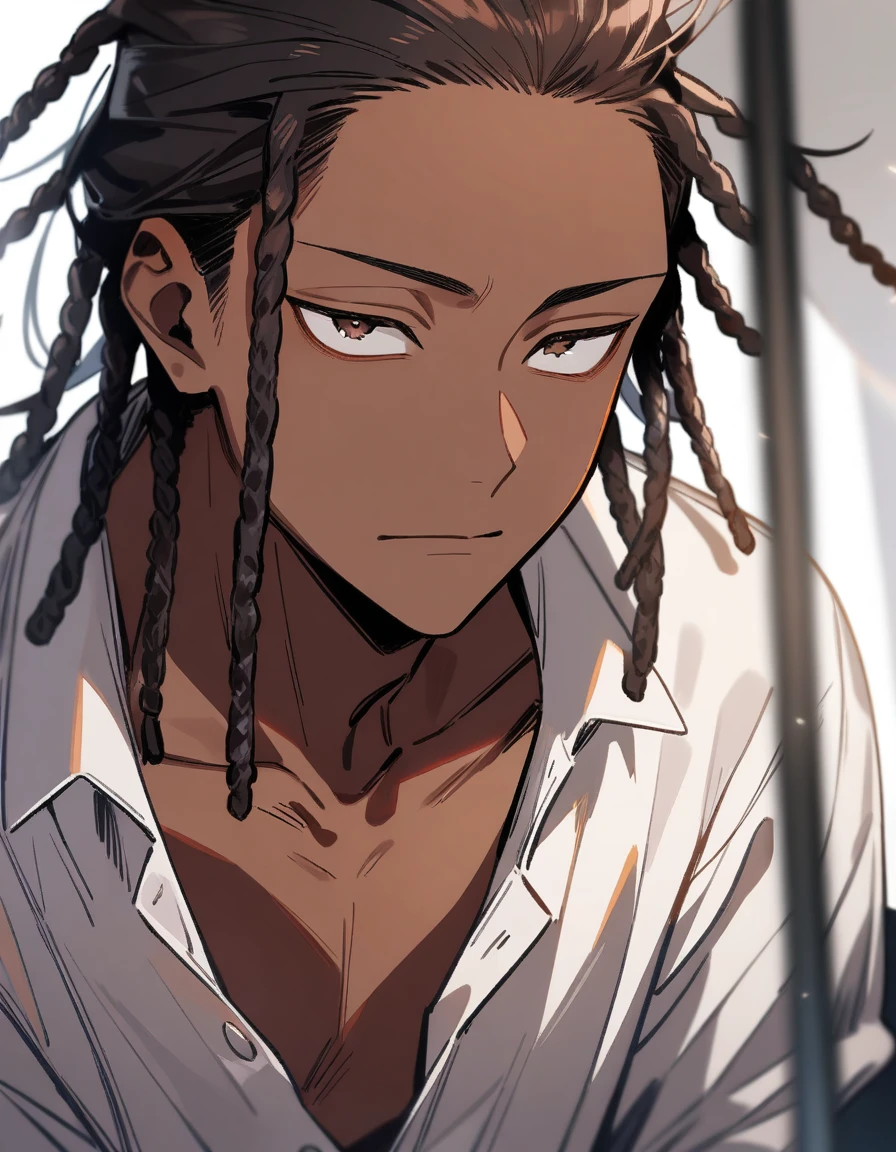 (1boy,jujutsu kaisen) solo, (white dress shirt), (brown skin color), messy look, black hair, ((dreadlock hairstyle)), brown eyes, masterpiece, best quality, high quality, upper body, male focus, eye bags, 
