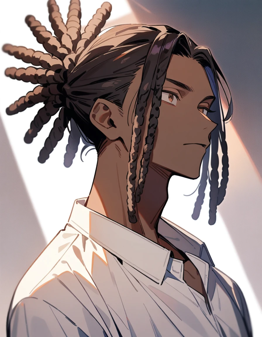 (1boy,jujutsu kaisen) solo, (white dress shirt), (brown skin color), messy look, black hair, ((dreadlock hairstyle)), brown eyes, masterpiece, best quality, high quality, upper body, male focus, eye bags, 17 year old
