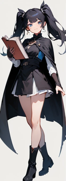 ((One girl)), (((solo))), (((whole body))), front, Twin tails, Simple Line,   Distinct facial features, smile, ((Simple Background)), Black cape,  short boots, ((Masterpiece，Highest quality，Best Quality，Ultra-high resolution，Distinct facial features，Beautiful Eyes，Beautiful Face)), Holding a book, 