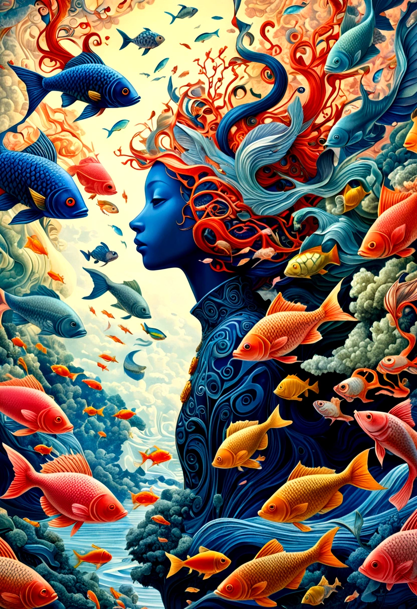 a detailed intricate surreal dreamlike digital art, a masked figure in the sky, schools of fish chasing, James Jean style, highly detailed, cinematic lighting, vibrant colors, photorealistic, 8k, (best quality:1.2), (masterpiece:1.2), (photo-realistic:1.37), (extremely detailed:1.2), intricate patterns, beautiful composition, striking contrast, dynamic movement, ethereal atmosphere, delicate textures, lush environment, imaginative surreal landscape