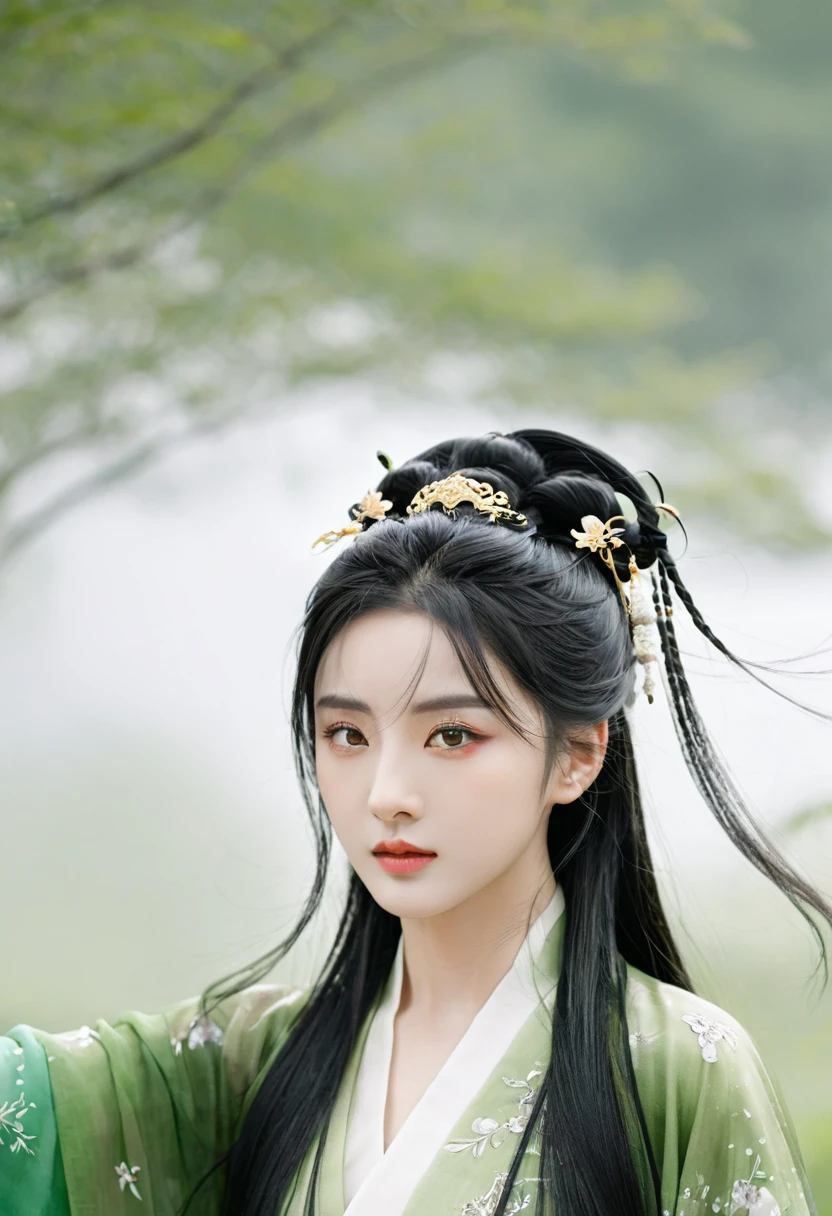1 girl, Actress, Handsome, Ink splash, Chinese armor, (Upper Body), Black Hair, Flowing hair, Exquisite eyes, Black and green ancient silk Hanfu, Field of view, (f1.8), (masterpiece), (Portraits), front Photo, White background, (poster), arms