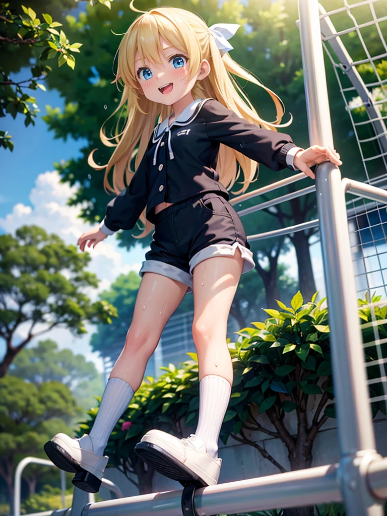 girls、blonde, Long Hair, blue eyes, Black Hair Ribbon, white shorts, spats, Happy, Hilarious, Day, outside, White shoes, flat, short, Playing on the jungle gym in the park、Wet with sweat