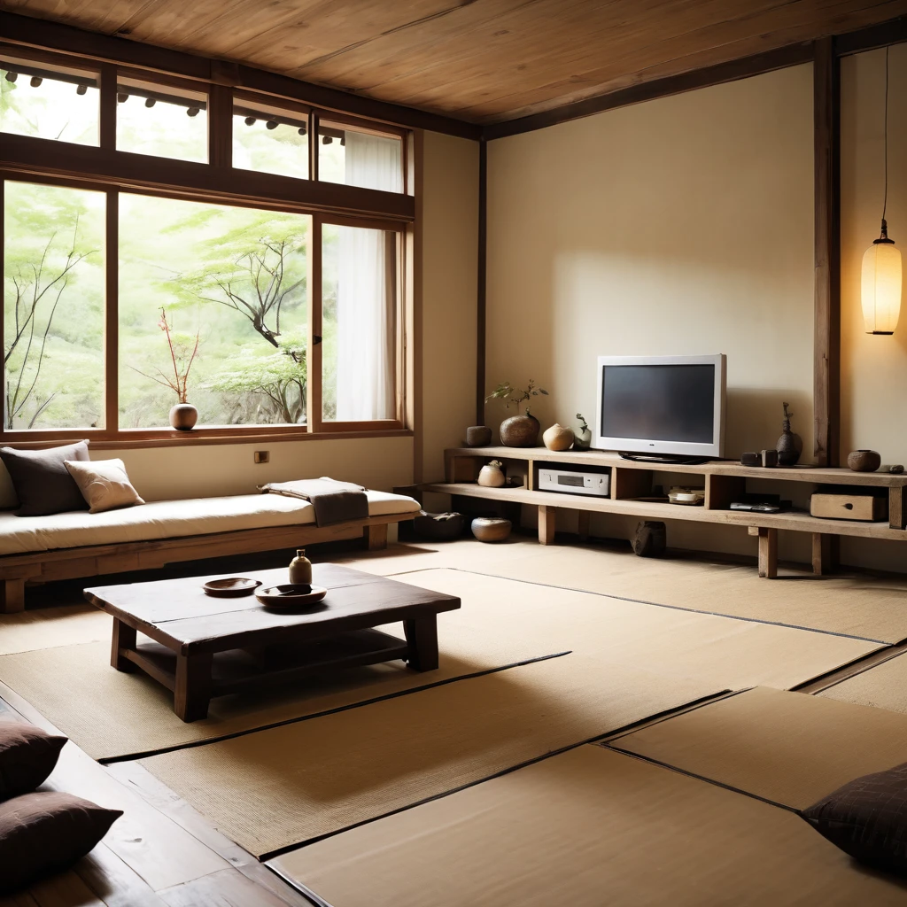cinematic photo,mrares, ((wabi-sabi style:1.5)), (wabi-sabi_style:1.5), (Zen:1.5),(wabi-sabi elements:1.3), japanese living room, simple style, living room, home, wooden floor, there is a sofa placed in the space, wide angle,long-focus,depth of field, . 35mm photograph, film, bokeh, professional, 4k, highly detailed