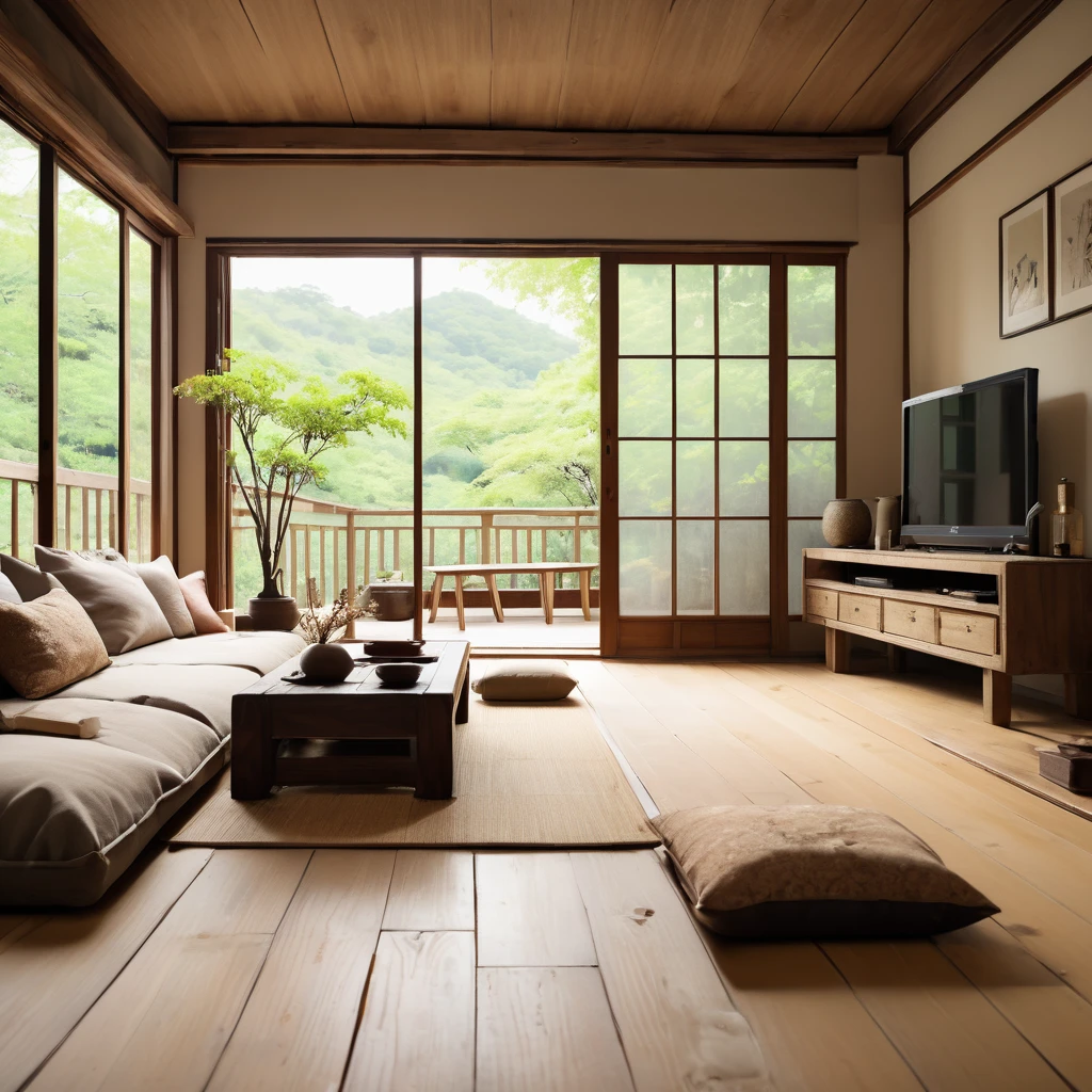cinematic photo,mrares, ((wabi-sabi style:1.5)), (wabi-sabi_style:1.5), (Zen:1.5),(wabi-sabi elements:1.3), japanese living room, simple style, living room, home, wooden floor, there is a sofa placed in the space, wide angle,long-focus,depth of field, . 35mm photograph, film, bokeh, professional, 4k, highly detailed