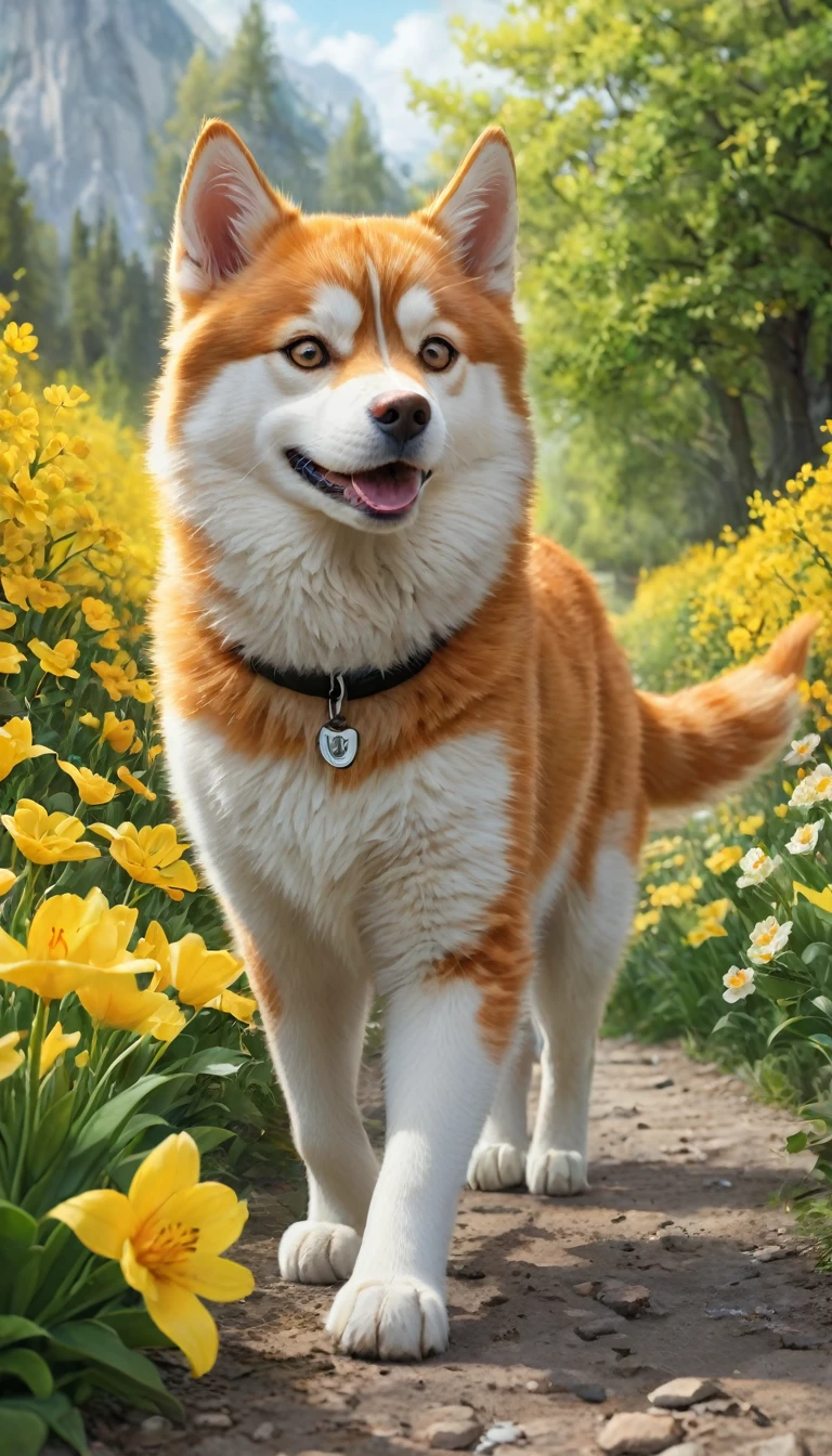 His cute orange cat (Husky) Enjoy a beautiful spring walk surrounded by yellow flowers and beautiful nature.. 4K resolution, high definition, illustration, very detailed, facial features, Cartoons, visual effects.
