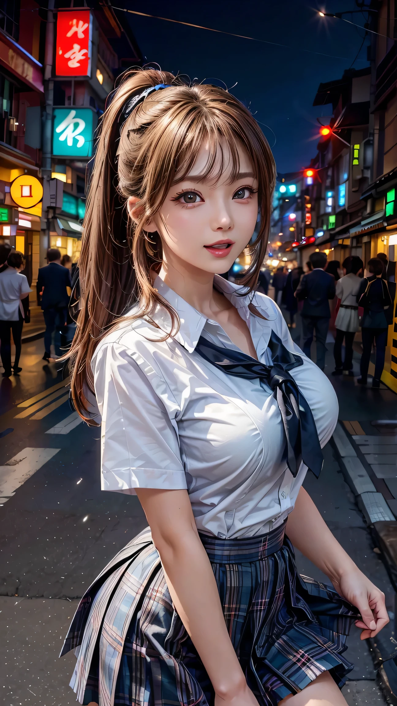 1 Girl、On the streets of Tokyo、City view、夜のCity view、Neon Street、close、Laughter、、(8K、Original photo、Highest quality、masterpiece:1.2)、(Realist、フォトRealist:1.37)、Highly detailed eyelash drawing、(((Best image quality))), (Beautiful Hair), (perfection Anatomy), (practical), (Dynamic Angle), The pose is attractive,perfection, look、Highest quality、High resolution、Big Breasts、White shirt、Short sleeve、Checked Skirt、uniform。