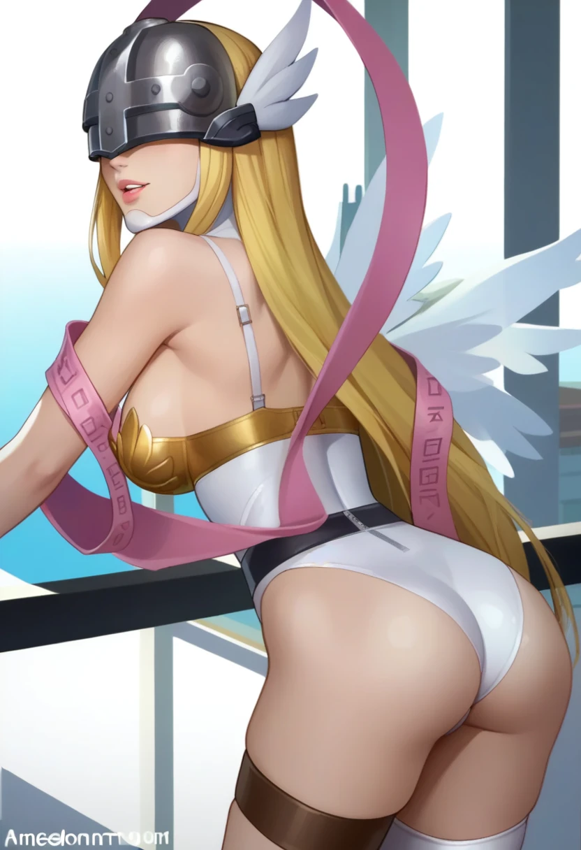 score_9_up, score_8_up, score_7_up, 1girl, solo, mature female, ((Angewomon)), (((long blonde hair, metal helmet))), angel wings, pink lips, parted lips, fit slim body,((perfect medium breast)), (((tight white suit with gold bra))), ((roof of skyscraper)), perfect model body, looking at the viewer, bend over the railing and showing her ass, looking back, from behind