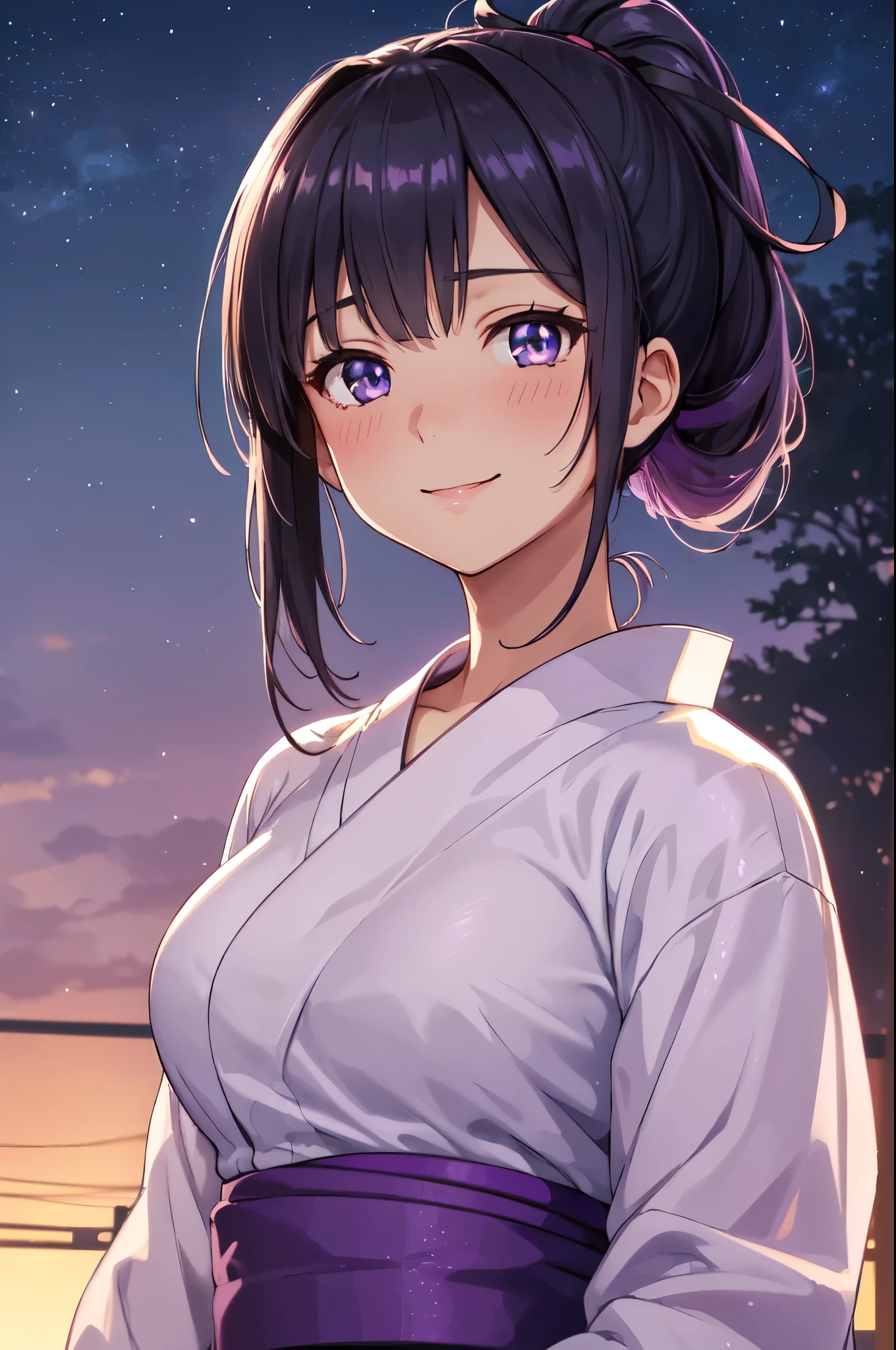 masterpiece, best quality, Summer Kimono,Tanned skin, Flowering, firework, firefly,reed bush, Smile, Dance, Night Sky, from above,Black hair,