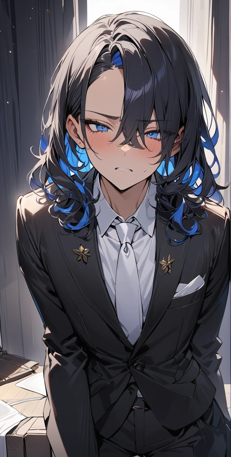 (( straight face picture )) ((best quality)), (Masterpiece)), (details), ( Beautiful colors ) ( ornamentation ) young man , Tanned skin , black hair ,blue eyes ,Shoulder-length hair ,Slightly curly hair , open forehead , wearing a black suit ,white tie , Wear a white doctor&#39;s coat ,