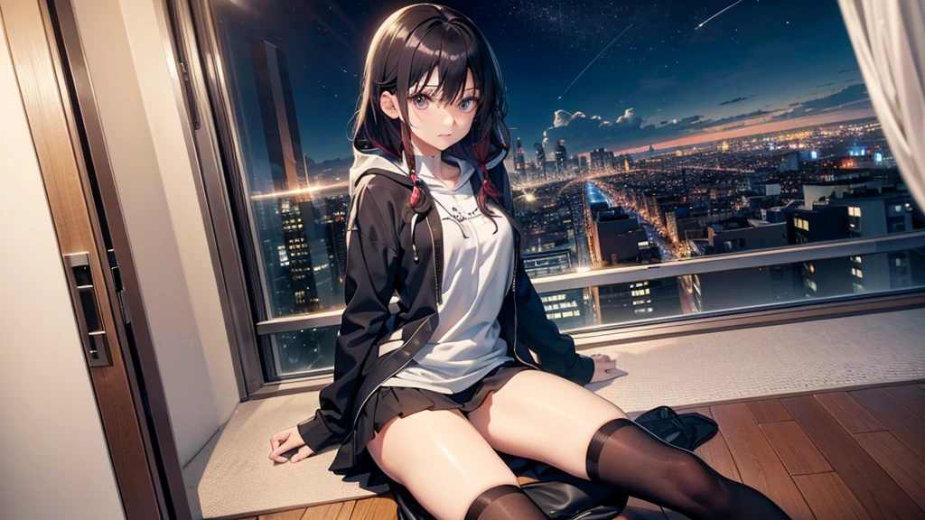 Ultra-high resolution, 8K, (Official Art, beautifully、mysterious:1.2), Anime Art Wallpaper, Works by Makoto Xin Haicheng, Lofi Art Style, Lo-fi feel, Perfect human body composition, Perfect skeleton, Impressive eyes, Oversized hoodie and short skirt, Shiny long black hair, Larger than average bust, Girl listening to music with headphones, Looking out the window, City Room, A room for music lovers, city view from the window, Impressive cityscape, Bright Sky, meteor