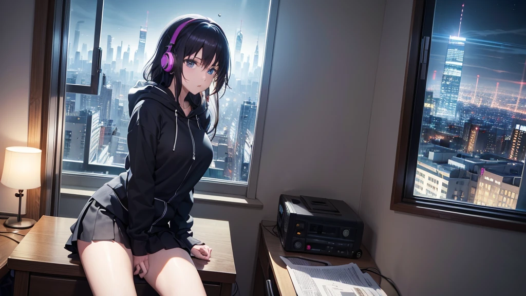 Ultra-high resolution, 8K, (Official Art, beautifully、mysterious:1.2), Anime Art Wallpaper, Works by Makoto Xin Haicheng, Lofi Art Style, Lo-fi feel, Perfect human body composition, Perfect skeleton, Impressive eyes, Oversized hoodie and short skirt, Shiny long black hair, Larger than average bust, Girl listening to music with headphones, Looking out the window, City Room, A room for music lovers, city view from the window, Impressive cityscape, Bright Sky, meteor