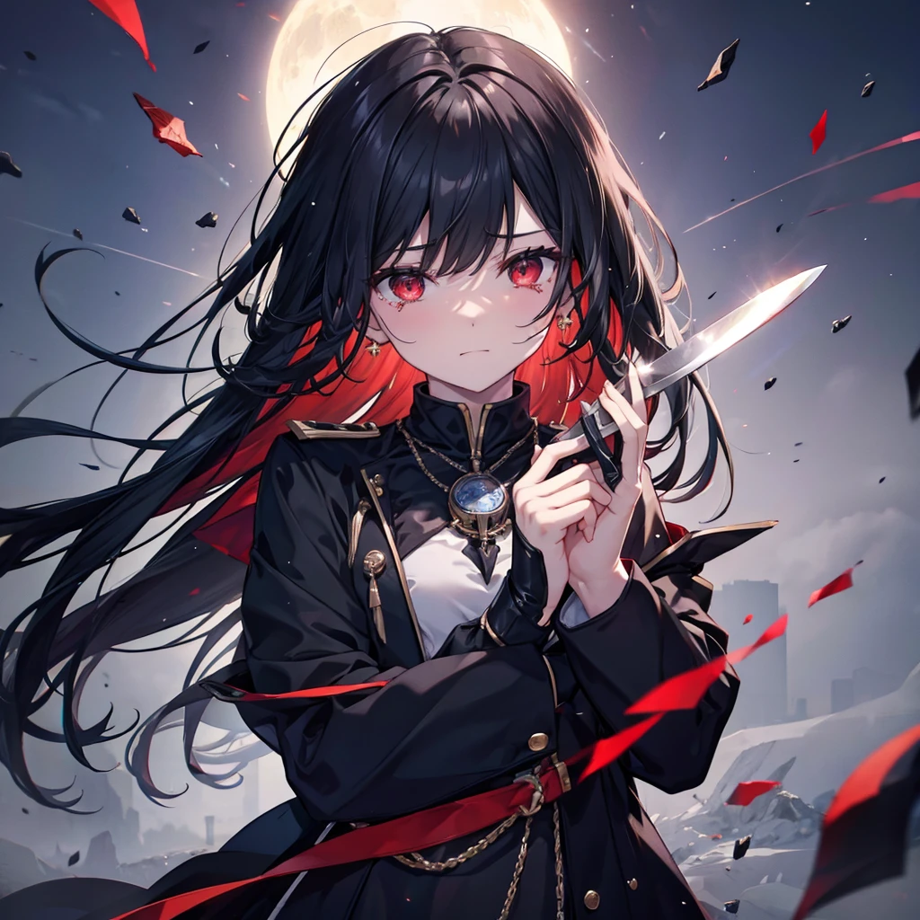 (((Hold the knife))) ((Fantasy Black Hair Long Hair Dull red eyes uniform Lonely despair)) ((necklace tears gloves)) (Broken glass Distorted Space-Time star moon) Catch the wind autumn Shining Background Particles of light