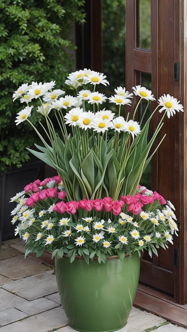 make a spread of different types of flowers, like roses, tulips and daisies. Join them as if they were a single plant