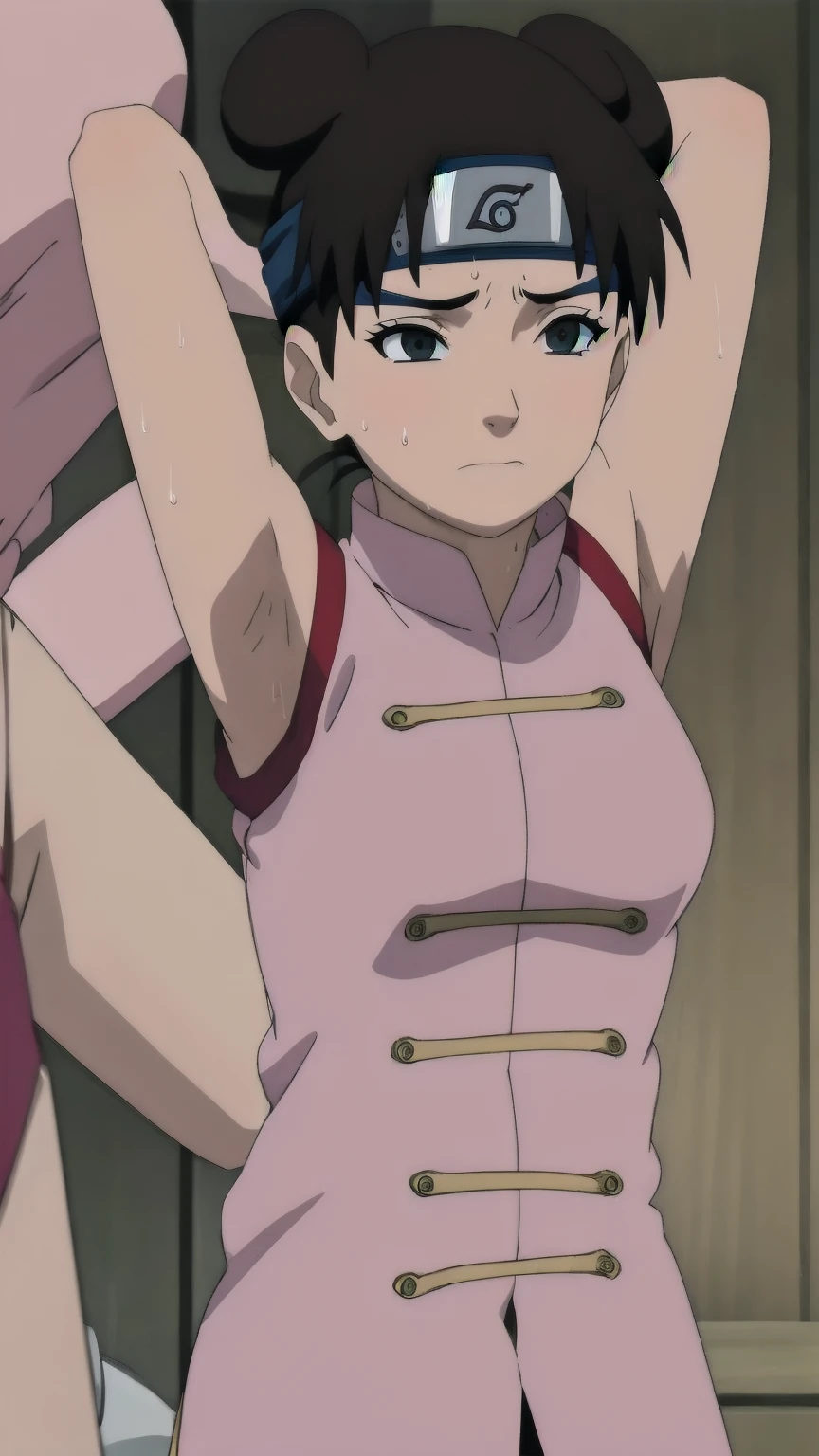 Tenten,solo,armpits,wet armpits, showing wet armpits, armpit,armpits,sweat,sweaty,sweaty armpits,awesome armpits,tired,exhausted,arms up,arm warmers,sleeveless, moderately sized breasts, nude, naked 