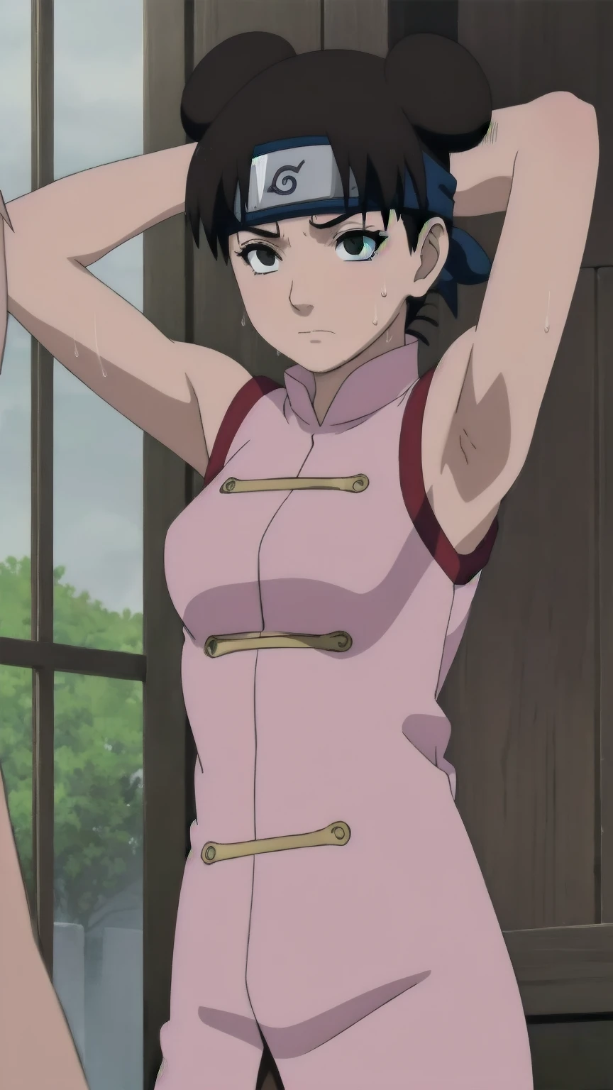 Tenten,solo,armpits,wet armpits, showing wet armpits, armpit,armpits,sweat,sweaty,sweaty armpits,awesome armpits,tired,exhausted,arms up,arm warmers,sleeveless, moderately sized breasts, nude, naked 