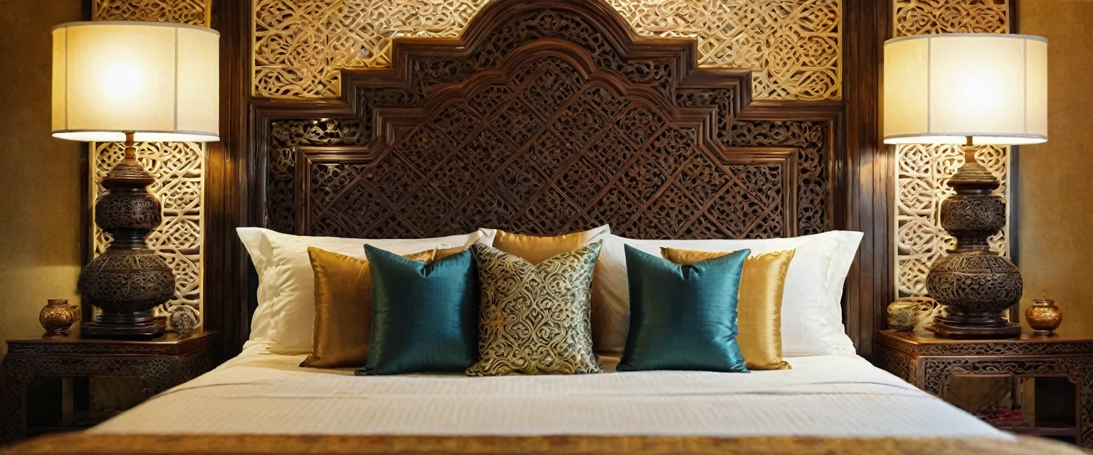 Close-up shot of a luxurious bed in an Indochinese-style bedroom. The headboard is intricately carved with traditional patterns, and the bed is dressed with rich, textured fabrics in deep, earthy tones. The depth of field (dof) effect focuses on the headboard and plush pillows, while the background, including wooden bedside tables and decorative lamps, is softly blurred. The ambient light casts a warm glow, enhancing the room's cozy and elegant atmosphere. 8k resolution, UHD, high-quality detail, depth of field (dof) effect, cinematic standards, Indochinese style, traditional patterns, rich textures, warm lighting, artistic composition, cozy bedroom, soft ambient light.
