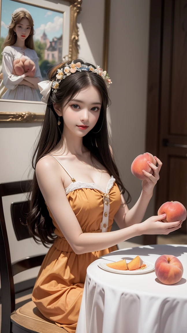 a painting of a Girl with Peaches by Valentin Serov, in the style of disney animation, cute disney girl sitting at a table with a white tablecloth, holding a peach in her hands, licking two peaches on the table, cute round face, character caricatures, oil paint, inspired by Dutch Golden Age painting —ar 1:1 —style raw —stylize 500
