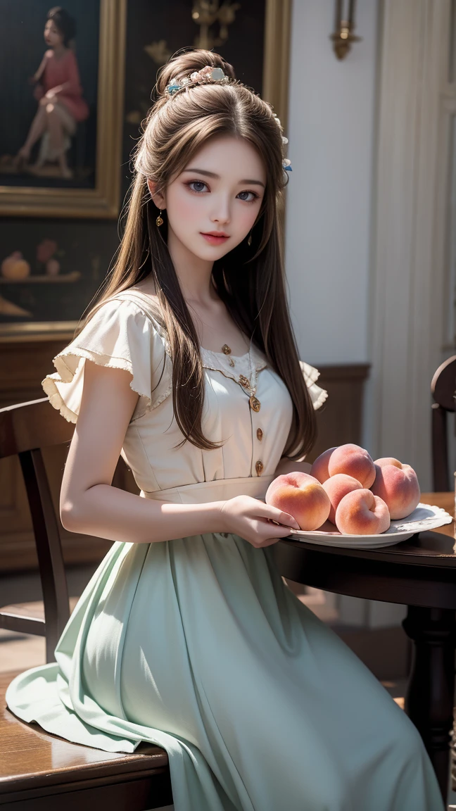 a painting of a Girl with Peaches by Valentin Serov, in the style of disney animation, cute disney girl sitting at a table with a white tablecloth, holding a peach in her hands, licking two peaches on the table, cute round face, character caricatures, oil paint, inspired by Dutch Golden Age painting —ar 1:1 —style raw —stylize 500