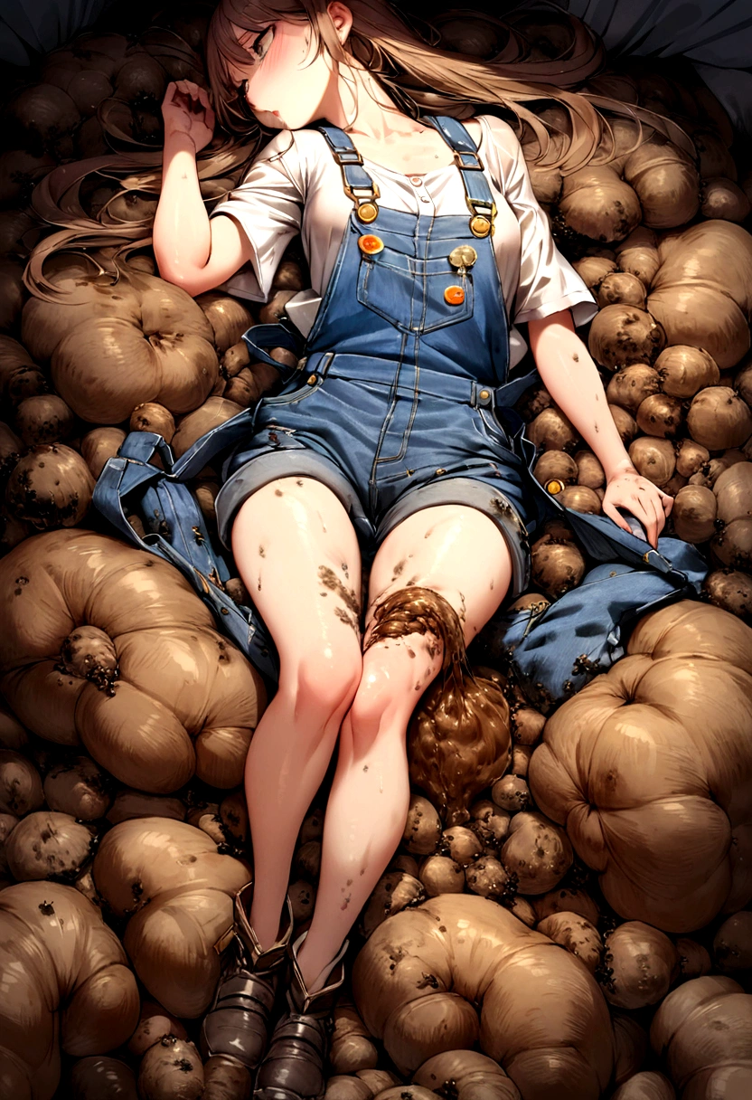 Girl diarrhea and shit on overalls ((poop on overalls)) Her overalls is covered with shit. (Her button of overalls is covered with shit and mess) (There is much shit on her button of overalls) (there is a lot of shit on her legs) (her overalls is full of shit) 