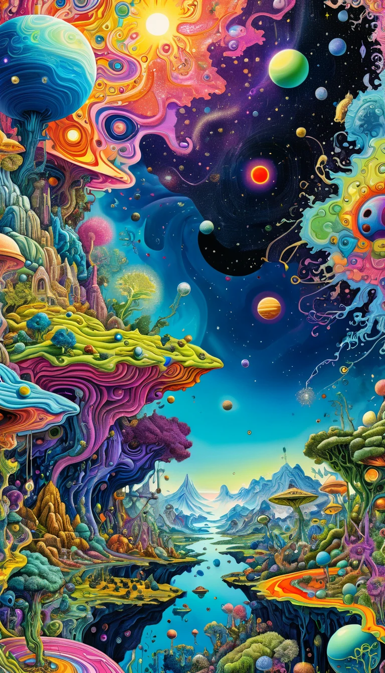 A painting,Filled with many, Various planetary nervous systems, Giant cosmic layered action map,Asymmetrical composition,Psychedelic surrealist art, Estero and Mumford and Alex Gray, Psychedelic illustration, Ultra-detailed fantasy art, Ultra-forward art-details, Psychedelic Art品, Surreal + Very detailed, Highly detailed 4k digital art, Psychic trance art, director: Justin Gerard, 4K Fine Digital Art, Psychedelic Art, Surreal psychedelic design, Flip chart design poster