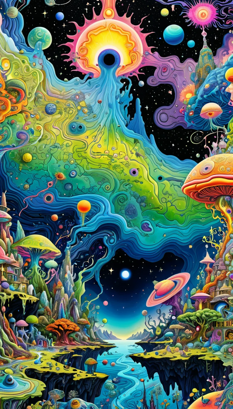 A painting，Filled with many, Various planetary nervous systems, Giant cosmic layered action map，Asymmetrical composition，Psychedelic surrealist art, Estero and Mumford and Alex Gray, Psychedelic illustration, Ultra-detailed fantasy art, Ultra-forward art-details, Psychedelic Art品, Surreal + Very detailed, Highly detailed 4k digital art, Psychic trance art, director: Justin Gerard, 4K Fine Digital Art, Psychedelic Art, Surreal psychedelic design, Flip chart design poster