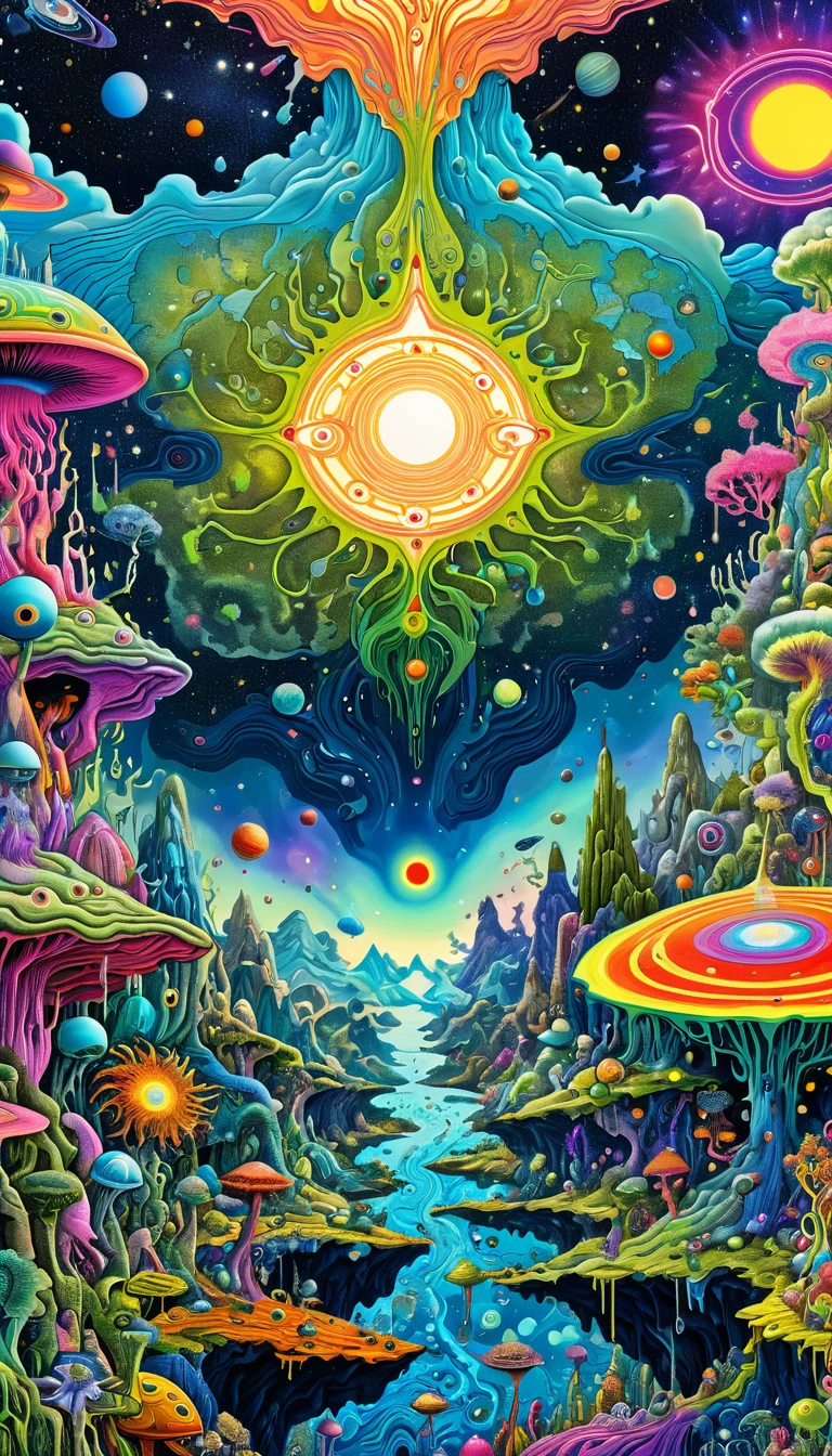 A painting，Filled with many, Various planetary nervous systems, Giant cosmic layered action map，Asymmetrical composition，Psychedelic surrealist art, Estero and Mumford and Alex Gray, Psychedelic illustration, Ultra-detailed fantasy art, Ultra-forward art-details, Psychedelic Art品, Surreal + Very detailed, Highly detailed 4k digital art, Psychic trance art, director: Justin Gerard, 4K Fine Digital Art, Psychedelic Art, Surreal psychedelic design, Flip chart design poster