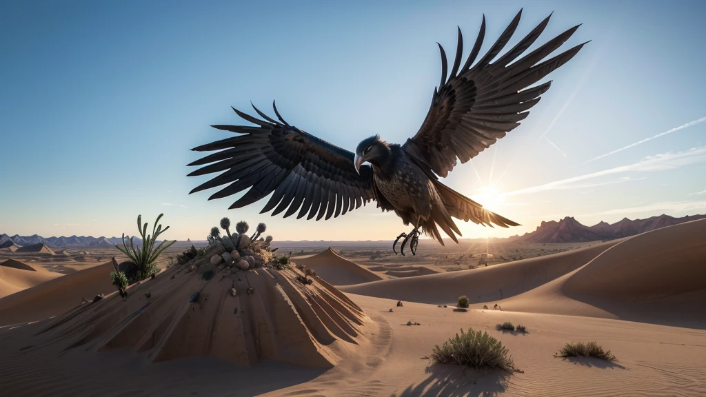 High-quality AI image creation: a giant raven and a hawk in an epic showdown in the desert. The crow, with shiny black feathers and piercing eyes, is positioned on a rocky cliff, while the hawk, with brown feathers and open wings, is about to attack from above. The desert setting is vast and arid, com dunas de areia, cacti and a clear blue sky. Sunlight at dusk creates dramatic shadows and highlights the details of the birds and terrain. The image must capture the tension and majesty of this moment of imminent battle.