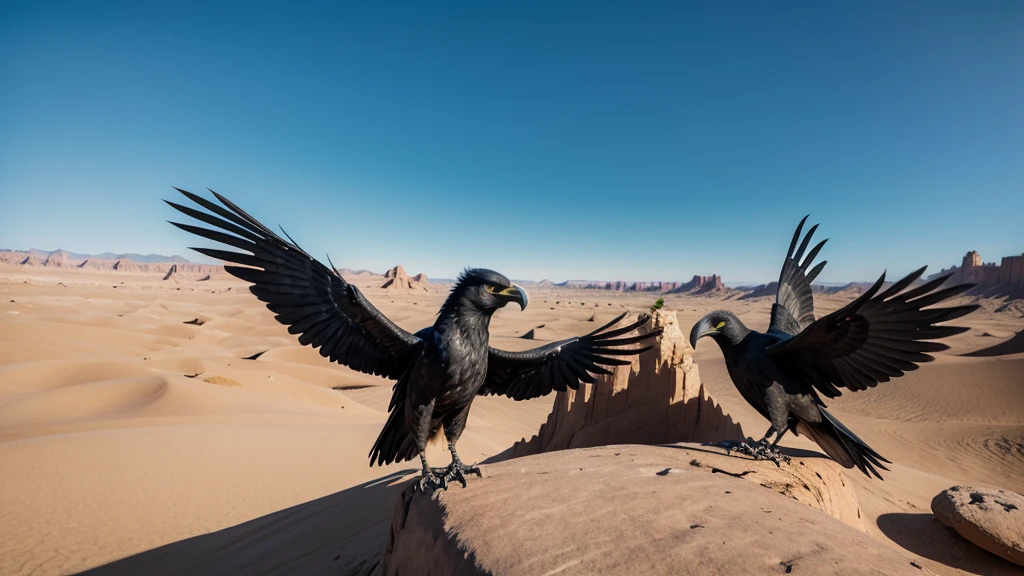 High-quality AI image creation: a giant raven and a hawk in an epic showdown in the desert. The crow, with shiny black feathers and piercing eyes, is positioned on a rocky cliff, while the hawk, with brown feathers and open wings, is about to attack from above. The desert setting is vast and arid, com dunas de areia, cacti and a clear blue sky. Sunlight at dusk creates dramatic shadows and highlights the details of the birds and terrain. The image must capture the tension and majesty of this moment of imminent battle.