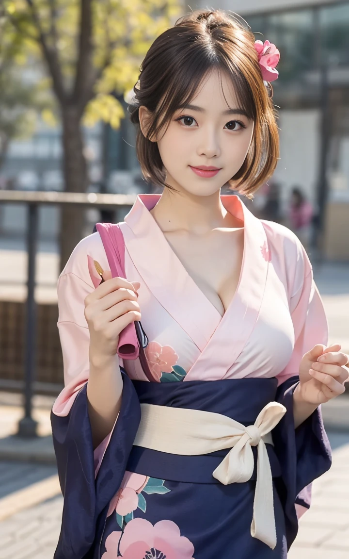 （8K、RAWphotograph、Highest quality、masterpiece：1.2),(Long Bob Cut),Looking at the audience,Viewed from the front,Sexy pose, strong,erotic,student,White skin,knees,Absurd,Small face,前hairを真ん中から分けます、The forehead is visible,(Be embarrassed,Squint your eyes,Glare,strong,skinny,skinny,Irritated)、masterpiece,Highest quality、Ultra-high resolution,One person, One personで,Close-up shot、cute、Return to student,(A pure pink floral yukata:1.5),high school girl,Japanese women,Are standing,（Photorealistic：1.37）、Photon Mapping,Realistic、cuteSmall face,Brown eyes、prospect、Written boundary depth、Blurred Background、photograph,girl、(前hairが見える), hair,  kneesが見える,Light clothing,, thigh,Nogizaka idol, actress、Natural Breasts、Cleavage、Super quality、Low people、(Skin with visible pores:1.2)、(Focus on the face)、Check and correct the garment construction