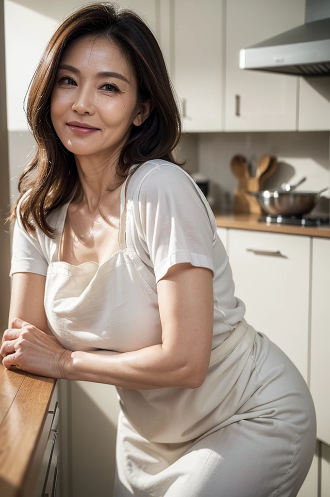 (masterpiece:1.4),(63-year-old woman:1.5),(facial wrinkles 1.2), (long hair : 1), A kind smile,maternal, Mature Woman, (white apron : 1.3), (sleeveless colored blouse : 1.2), acnes, skin blemishes, fleckles,(plump arms : 1.3), kitchen