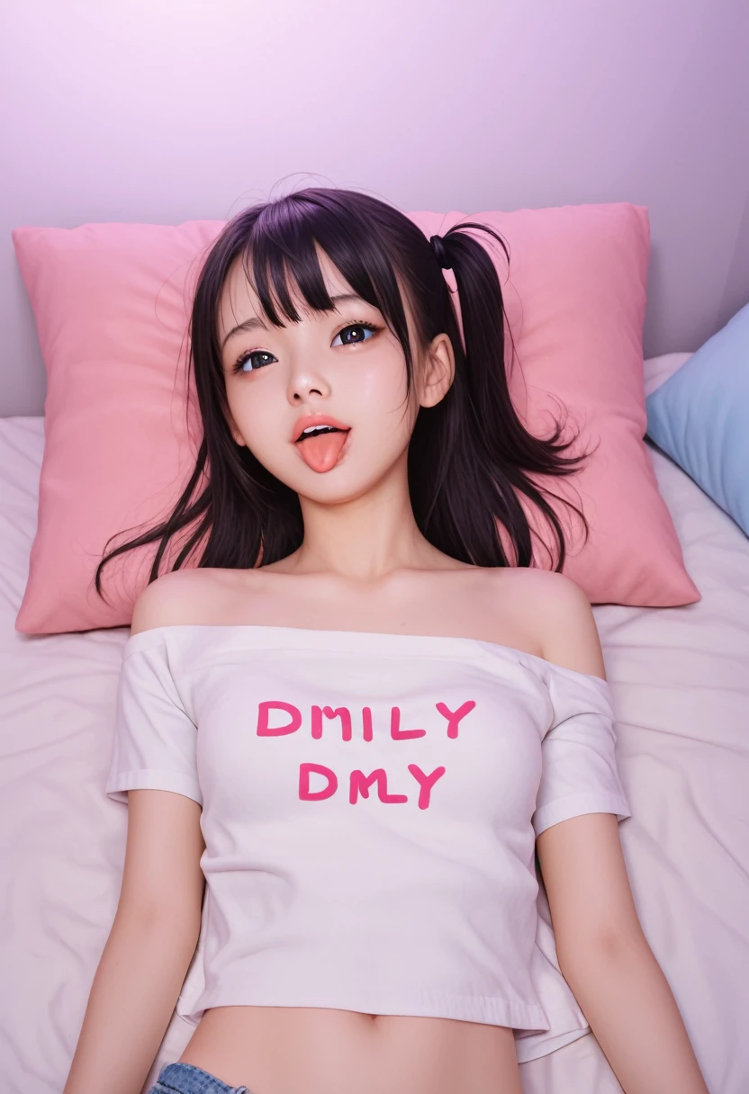 ollarbone,pastel colors t-shirt,off-shoulder look,bare shoulder,midriff peek,micro shorts,open mouth,(tongue out:2),lying,front view,upper body,Embarrassed,Dark Eyes,(1girl,Beautiful 14 year old girl),((Slender,Small breasts,Small face,)),(looking at viewer),Black Hair,bangs,one side up,Beautiful and detailed,(Dimly lit room:1.5),Simple Background,bed,pillow,best quality,Brilliant Quality