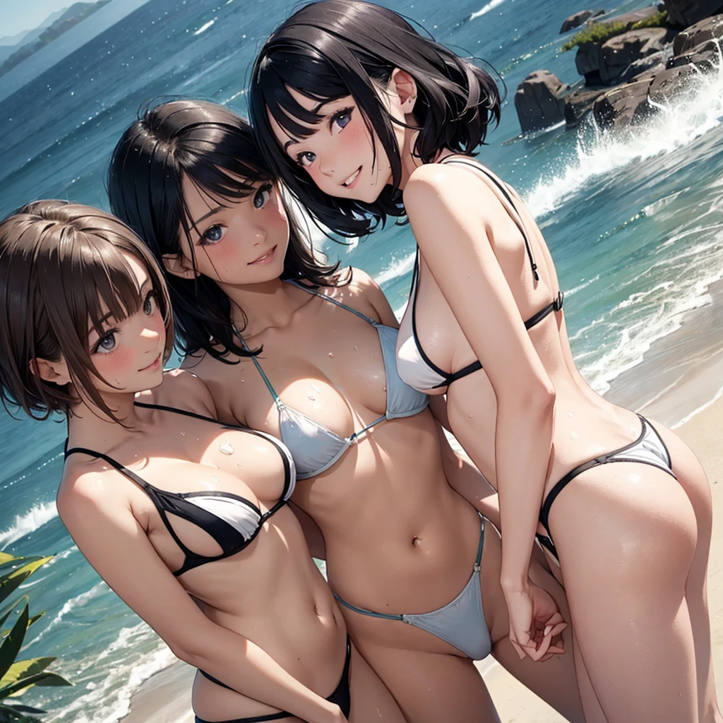 NSFW,  vivid natural color, high resolution, High resolution, low angle, masterpiece, beautiful black-haired girls, cute, white micro bikinis. Girls huddling together, A girl with long hair and a girl with short hair, dark eyes, bright smile, white teeth, Black shiny hair, ther body is wet, seaside, sweating, high resolution, 8K