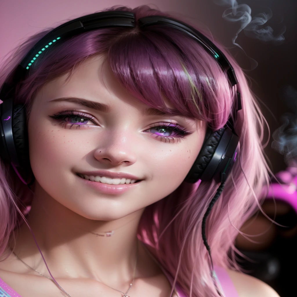 arafed woman with pink hair wearing headphones and smoking a cigarette, girl wearing headphones, twitch streamer, pink headphones, wearing a gaming headset, wearing gaming headset, wearing purple headphones, belle delphine, 8k artgerm bokeh, with headphones, a teen cyberpunk cyborg, close up of a young anime girl, portrait sophie mudd, dreamy cyberpunk girl