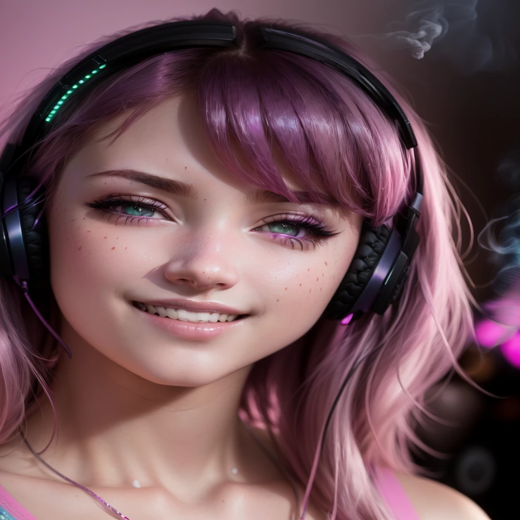 arafed woman with pink hair wearing headphones and smoking a cigarette, girl wearing headphones, twitch streamer, pink headphones, wearing a gaming headset, wearing gaming headset, wearing purple headphones, belle delphine, 8k artgerm bokeh, with headphones, a teen cyberpunk cyborg, close up of a young anime girl, portrait sophie mudd, dreamy cyberpunk girl