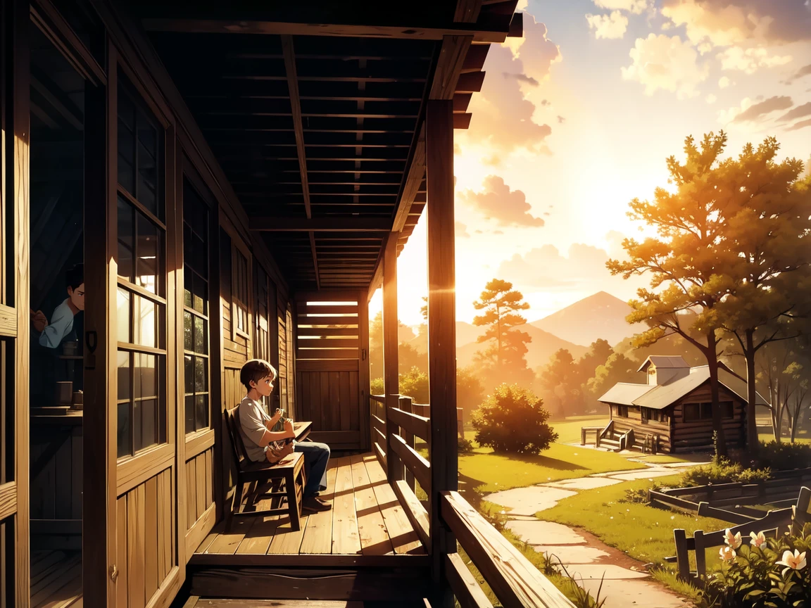 Faded sepia tones envelop a nostalgic scene: a rustic log cabin stands amidst overgrown weeds, its wooden slats worn by time and weather. A faded photograph of two mischievous boys, their faces etched with sulky expressions, hangs on a corkboard wall, as if frozen in time. The atmosphere is heavy with longing, nostalgia's warm glow illuminating the crumbling cabin's porch steps. The scent of magnolias wafts through the air as the camera pans across the landscape, capturing the essence of childhood adventure and the bygone era of Tom Sawyer and Huckleberry Finn.