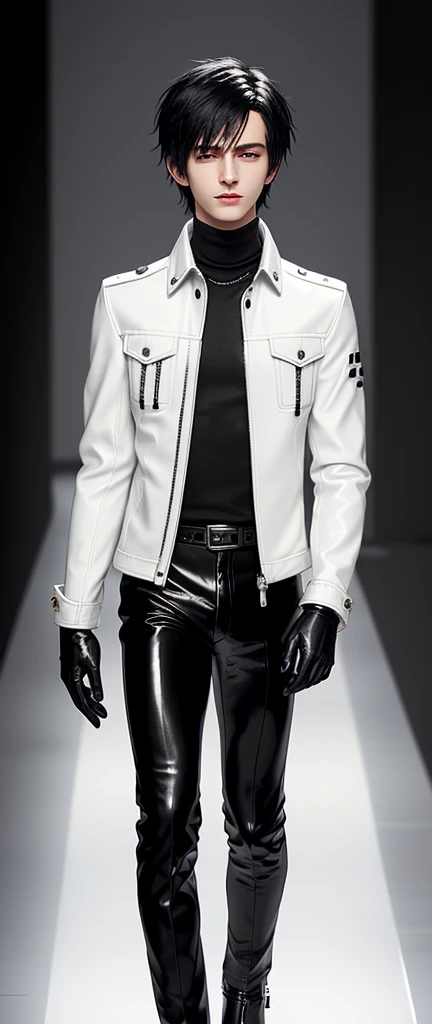 Final fantasy taste and reality graphics, Japanese young cute and cool ikemen boy, his age is early 20s, thin eyebrows and beady eyes, he wearing off white color leather thick material jacket, jacket is singlebrest, biker style jacket, with epaulet, jacket is long sleeve, must close the front of the leather jacket, , jacket is voluminous, ,must jacket is high length and stand-up collar with two belts, jacket is a little black color line pattern,close the front of the jacket, also wearing black thick material turtleneck lackluster shirts, tight black leather pants, shiny black leather tight and thin glove, black leather knee-high raceup boots,must views head-to-toe,must views whole body, boy looks like fashion model,Do not show skin from the neck down,leather jacket leather glove and leather pants have few wrinkles,boy in the room,Avoid showing your innerwear