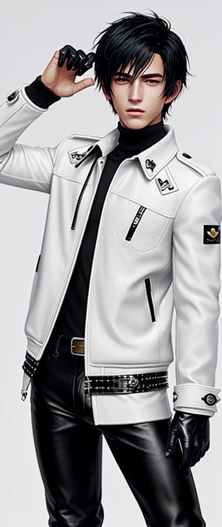 Final fantasy taste and reality graphics, Japanese young cute and cool ikemen  boy, his age is early 20s, thin eyebrows and beady eyes,  he wearing off white color leather  thick material jacket, jacket is singlebrest, biker style jacket, with epaulet, jacket is long sleeve, must close the front of the leather jacket, , jacket is voluminous, ,must jacket is high length and stand-up collar with two belts, jacket is a little black color line pattern,close the front of the jacket, also wearing black thick material turtleneck lackluster shirts,  tight black leather pants, shiny black leather tight and thin glove, black leather knee-high raceup boots,must views  head-to-toe,must views whole body, boy looks like fashion model,Do not show skin from the neck down,leather jacket leather glove and leather pants have few wrinkles,boy in the room,Avoid showing your innerwear
