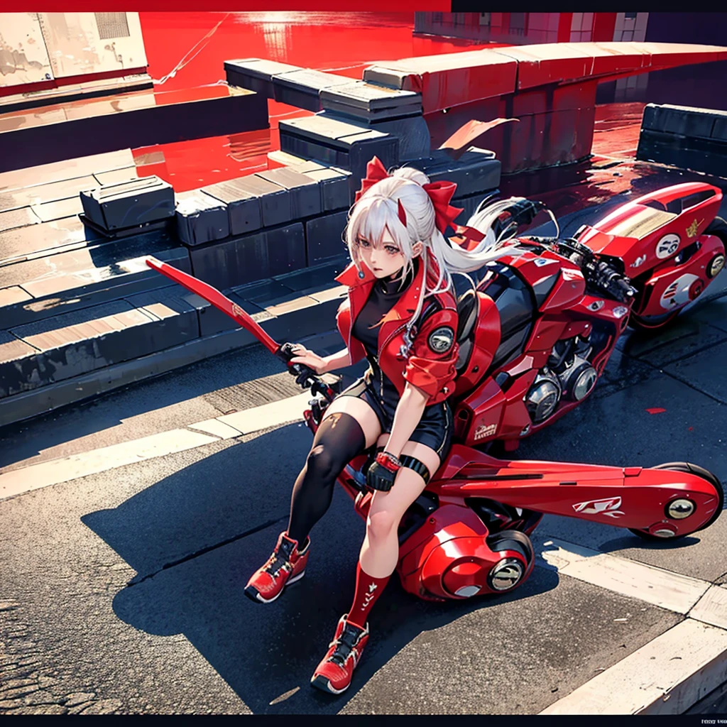 official art, unity 8k wallpaper, ultra detailed, beautiful and aesthetic, masterpiece, best quality, realistic, horns, blush, long hair, white hair, streaked hair, red eyes, hair bow, mole under eye, red akirabike, riding bike, night, cyberpunk city view, epic screen, ,
