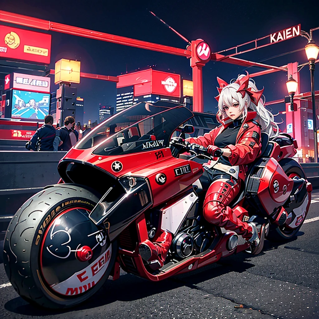 official art, unity 8k wallpaper, ultra detailed, beautiful and aesthetic, masterpiece, best quality, realistic, horns, blush, long hair, white hair, streaked hair, red eyes, hair bow, mole under eye,  red akirabike, riding bike, night, cyberpunk city view, epic screen, ,