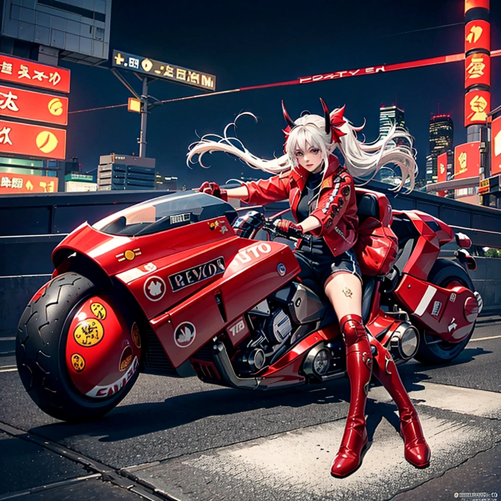 official art, unity 8k wallpaper, ultra detailed, beautiful and aesthetic, masterpiece, best quality, realistic, horns, blush, long hair, white hair, streaked hair, red eyes, hair bow, mole under eye,  red akirabike, riding bike, night, cyberpunk city view, epic screen, ,