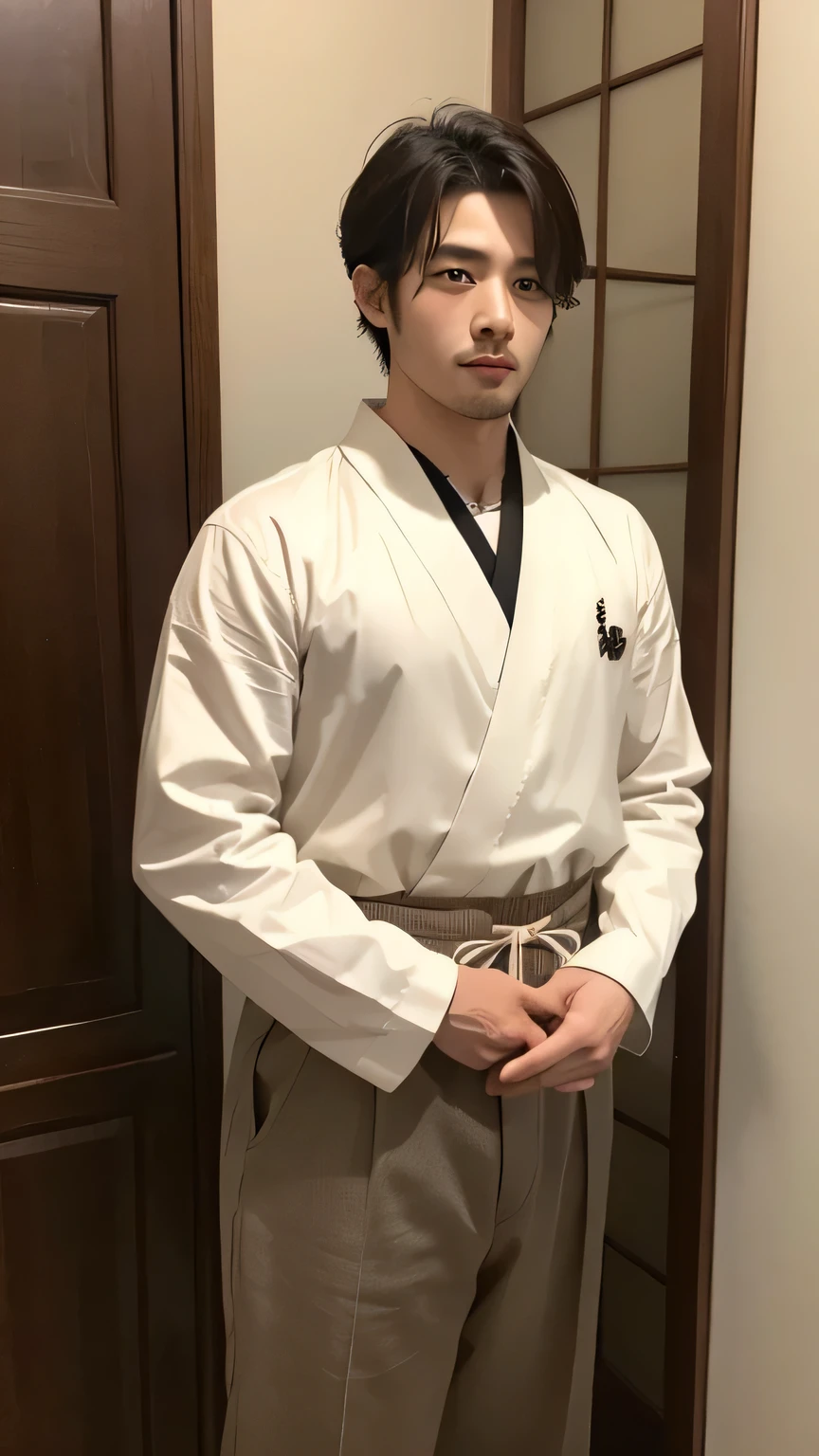 Japanese men、Hair is short、Taisho period、Dress shirt、Brown trousers、