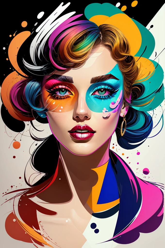 Create a digital work of art in pop art style, featuring a vibrant, confident woman with bold makeup and colorful fashion, Cinematic color scheme, surrounded by abstract flower patterns, energetic brushstrokes,Humor must be dynamic.