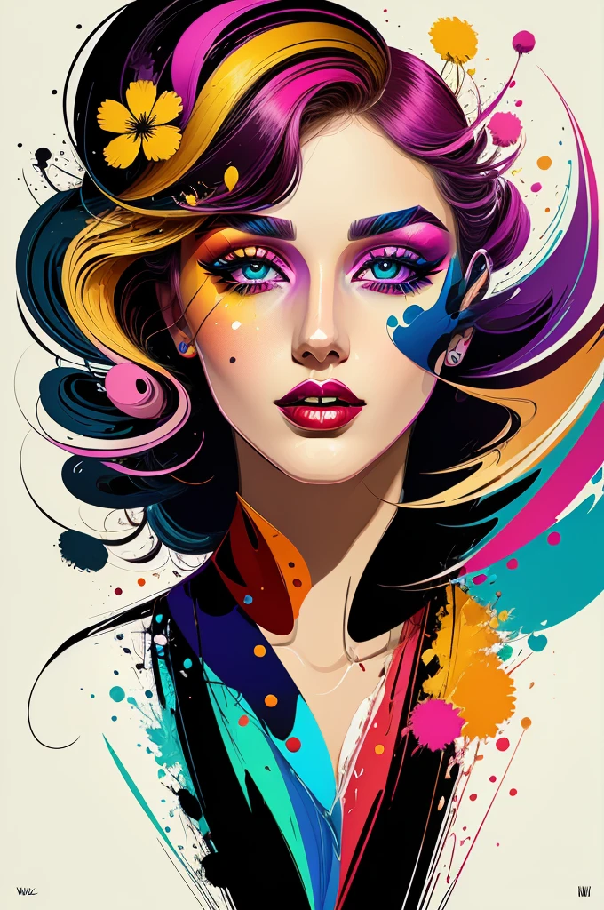 Create a digital work of art in pop art style, featuring a vibrant, confident woman with bold makeup and colorful fashion, Cinematic color scheme, surrounded by abstract flower patterns, energetic brushstrokes,Humor must be dynamic.