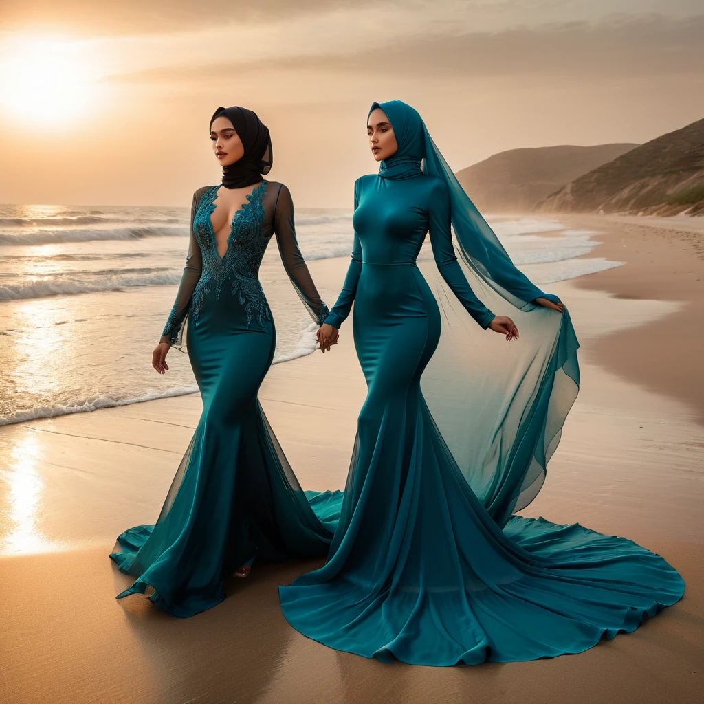 Two woman in the sheer gown,wearing hijab, full body,mermaid tight long gown, flowy dramatic long gown,very long flor length gown, tall women, in beach,sunset, sexy face, winds blow, sexy pose, masterpice, hyper realistic, 